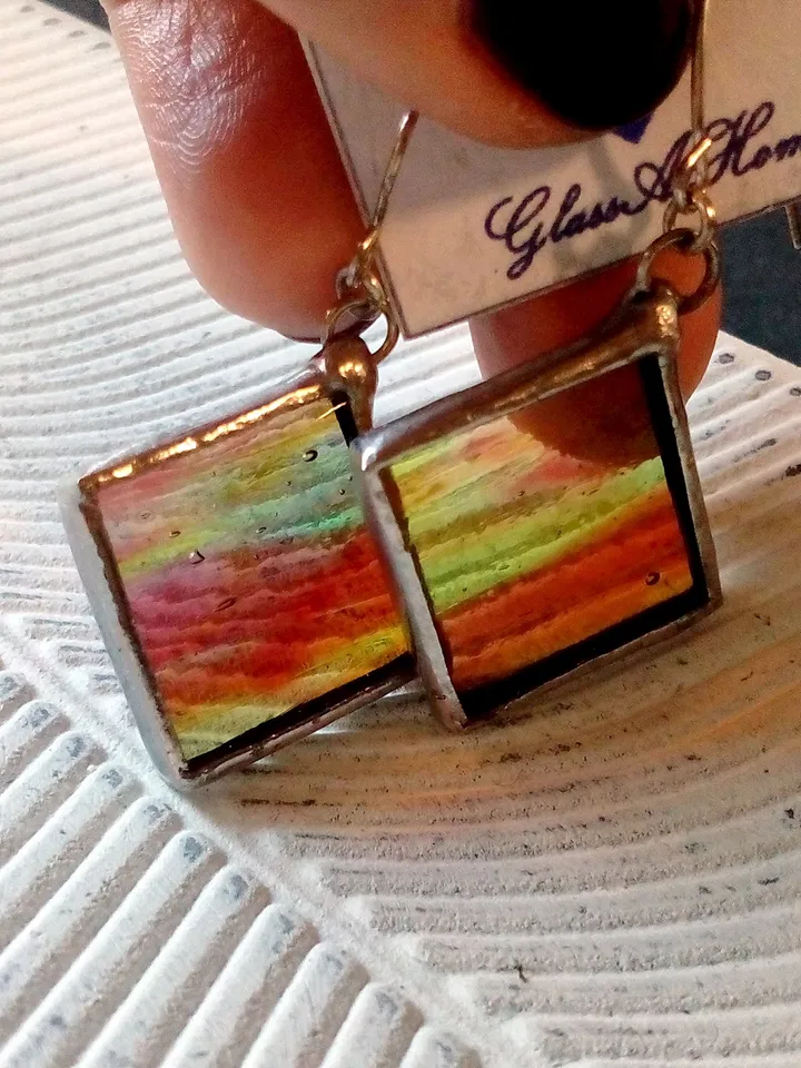 Simple stained glass, blue earrings, cute squar earrings, geomentic earrings