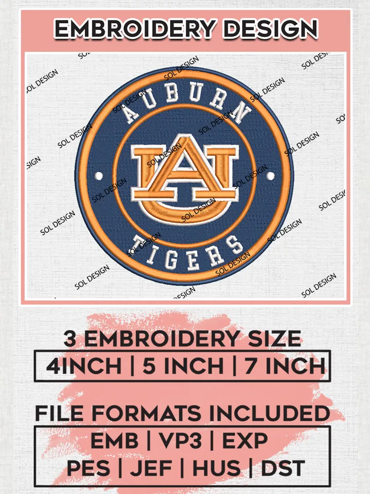 NCAA Auburn Tigers Round Logo Embroidery, NCAA Auburn Tigers Logo Embroidery files, NCAA Teams, Machine embroidery designs, Digital Download