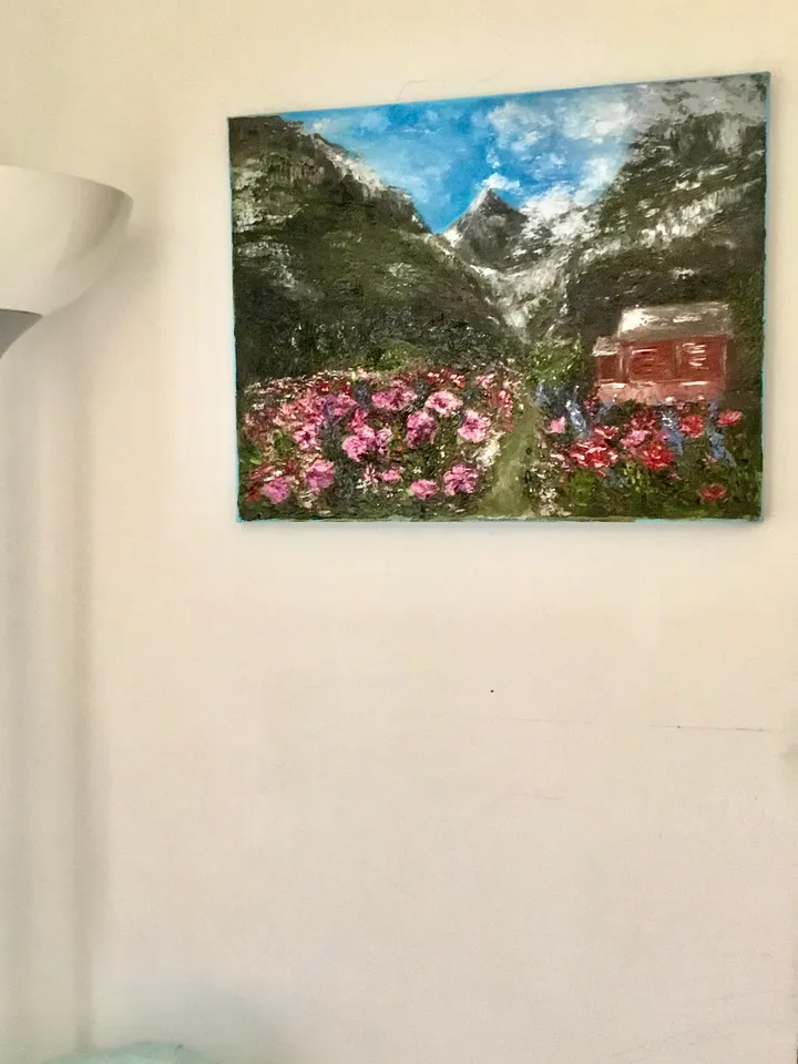 Floral landscape oil painting original, swiss alps and flowers impasto painting.Flowers and mountains painting.Swiss Alps painting.