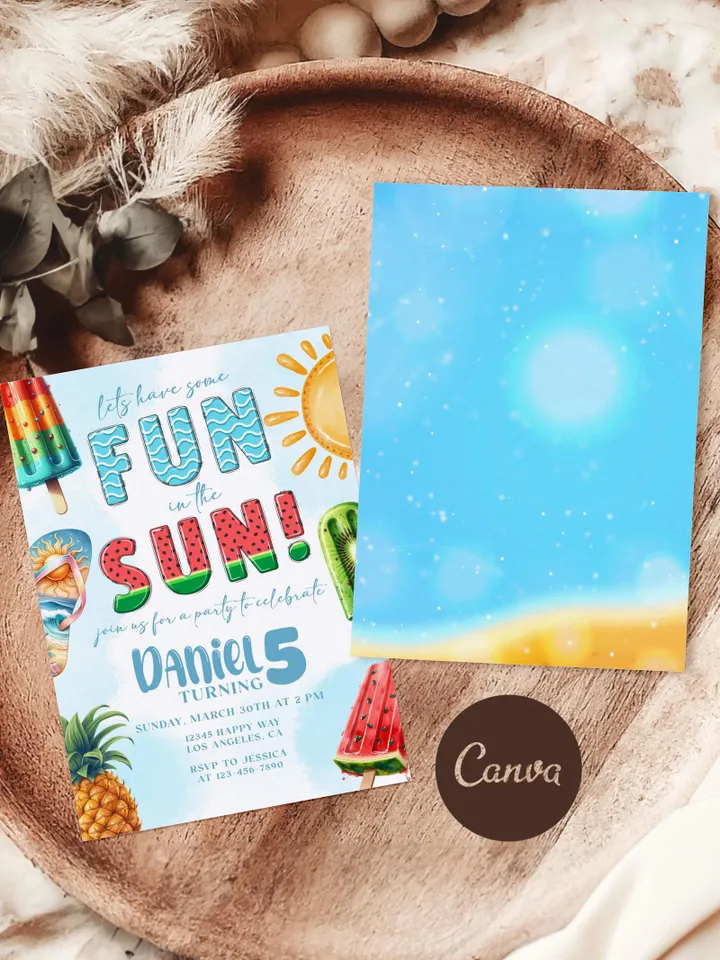 Summer Birthday Invitation, Summer Invite, Fun in the Sun Birthday Party Invitation, Ice Cream Popsicle Watermelon, Editable Template