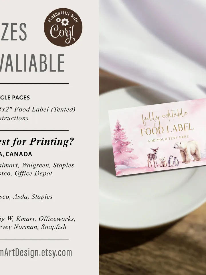 Editable Food Labels, Pink Winter Onederland Food Label Card, Woodland Birthday Food Tags, Folded Food Cards, Tented Food Label i123