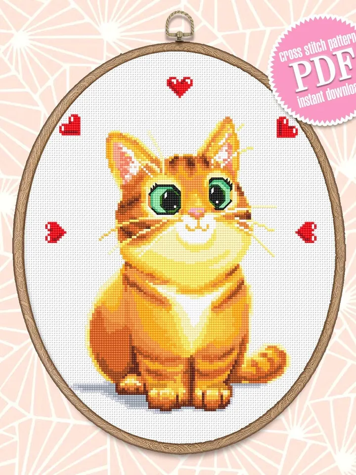 Cute orange cat cross stitch pattern download PDF Animal cross stitch chart, Cat embroidery PDF, Kitten cross stitch, Gift for cat lover #K1
