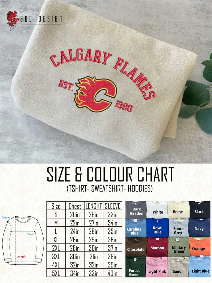 Calgary Flames Est 1980 Embroidered Sweatshirt, NHL Team Embroidered Sweater, NHL Calgary Flames Shirt, Hockey Team Embroidered Hoodie, Unisex Crewneck, NHL Hockey Team Fan Gift Tee