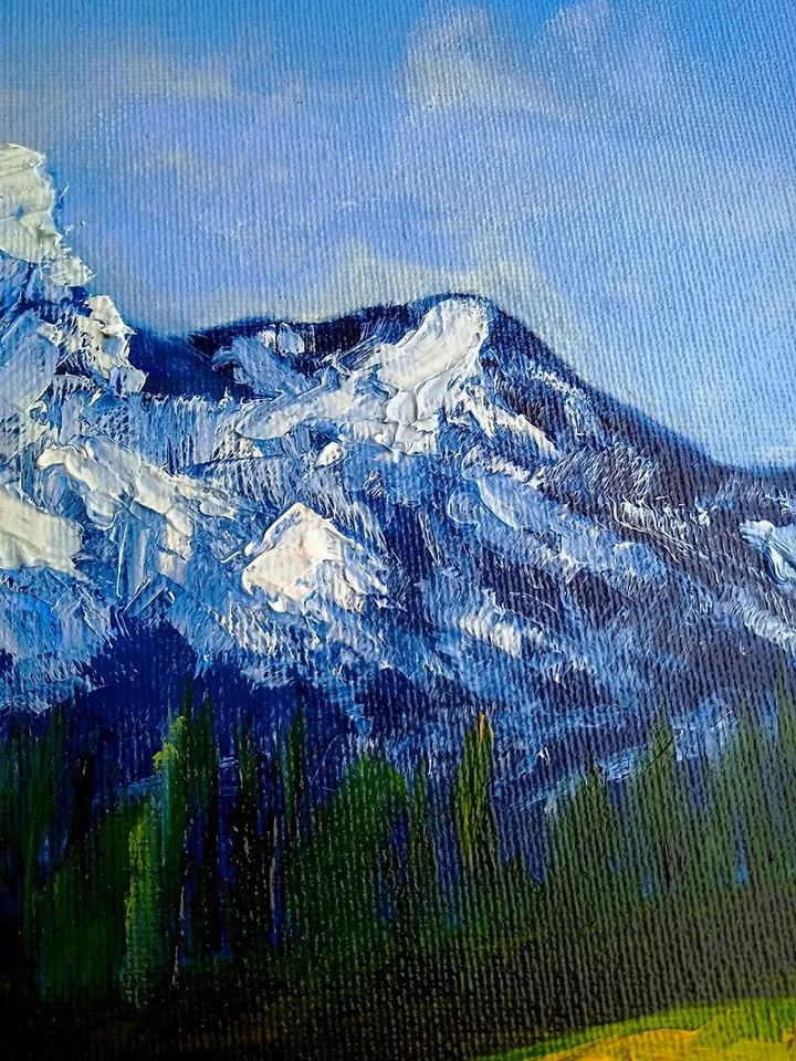 Landscape Rocky Mountains Red Poppies Flower Fields Original Oil painting