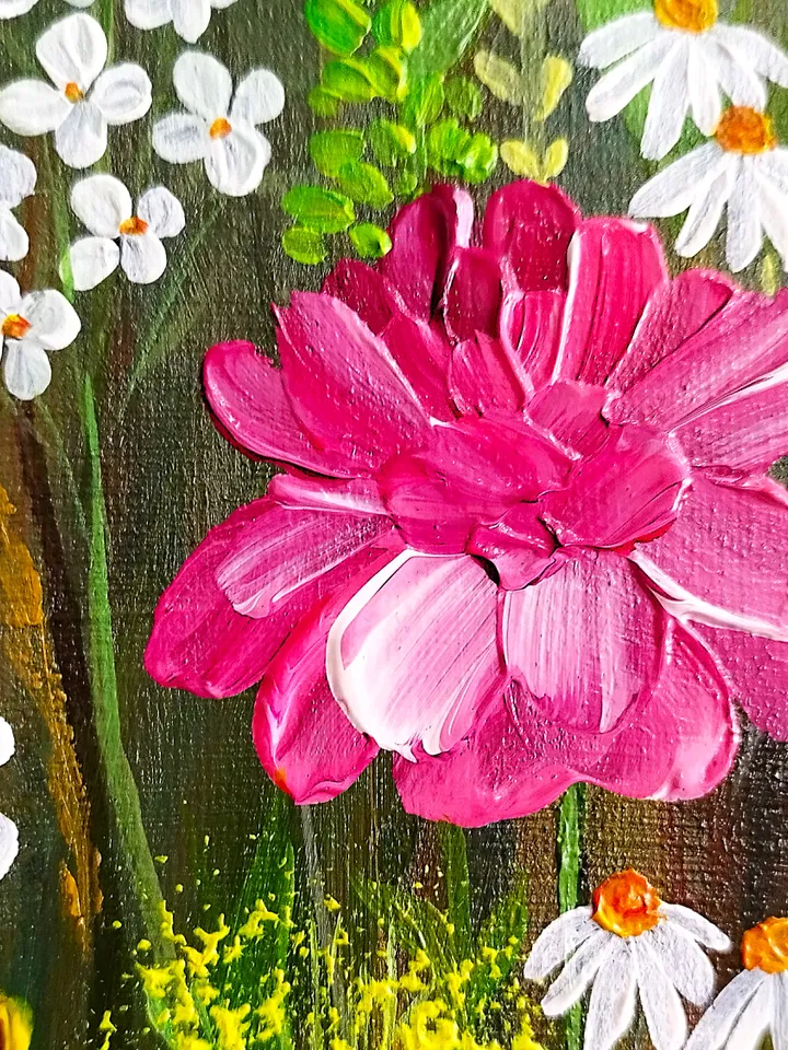 Flower landscape acrylic painting Wildflowers art impasto Summer meadow artwork