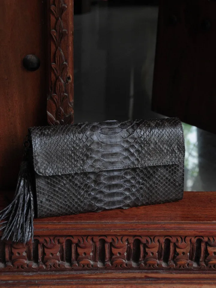 Genuine python skin classy gray flat clutch with shoulder chain | elegant evening women purse | designer leather bags | small snake bag