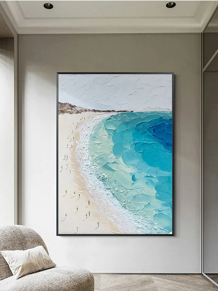 Abstract Beach Canvas Painting,Large Original Sunshine Ocean Coast Seascape Oil Painting Wall Art, Modern Blue Beige Living Room Wall Decor