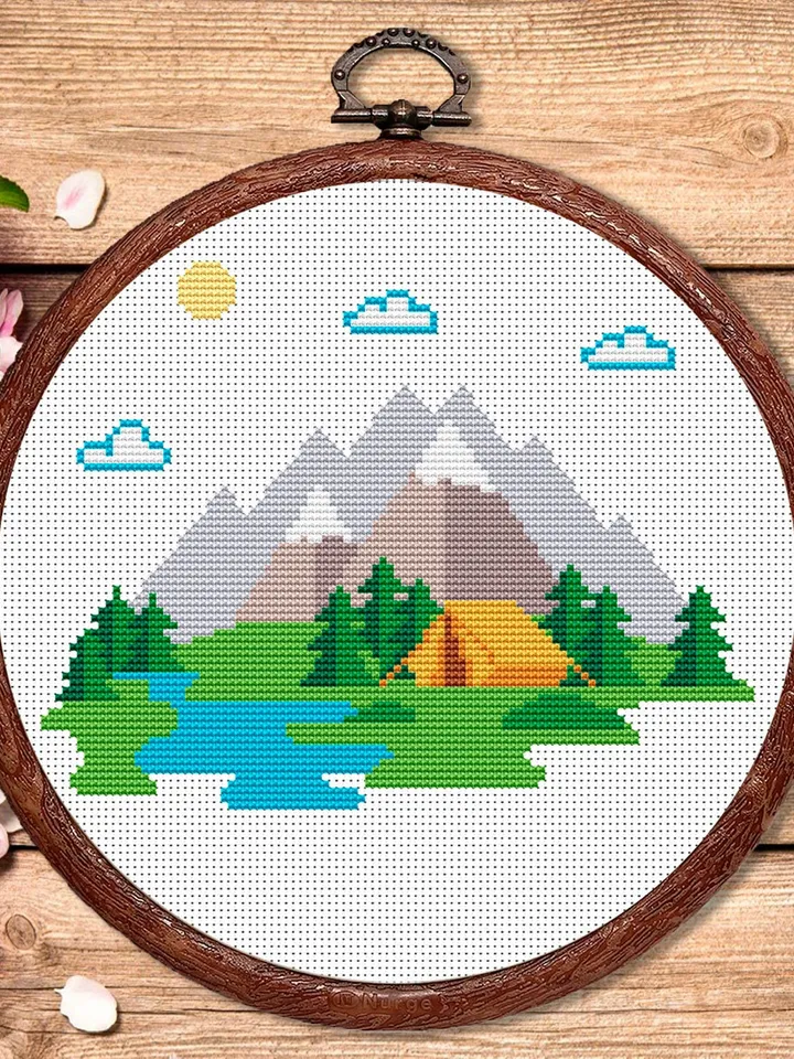 Mountain Landscape Cross Stitch Pattern, Island Cross Stitch, Embroidery Travel, Travel Cross Stitch Pattern, Modern Cross Stitch #trl006