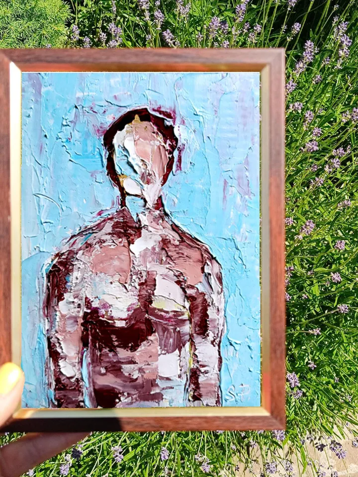 Abstract Portrait Of A Man Standing Person Portrait Gay Body Painting Small Male Art Unique Original Oil Painting Modern Surrealism Art 7x5