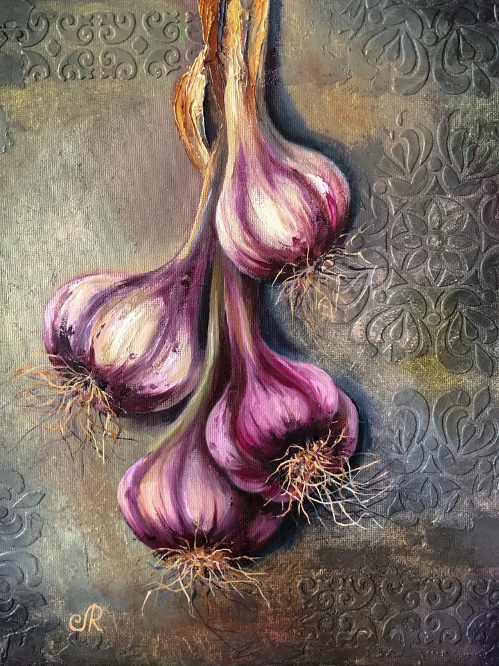 Garlic Original Painting Still life Oil Painting Vegetables Painting Food Wall Art Garlic