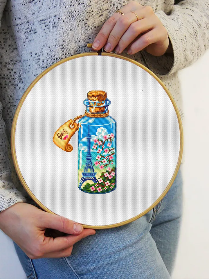 Bottle cross stitch pattern PDF download Eiffel Tower beginner stitch Sakura flowers cross stitch Spring France embroidery Paris decor #E10
