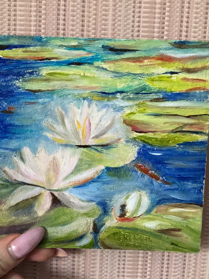 Water lilies landscape pond original oil painting wall art hand painted