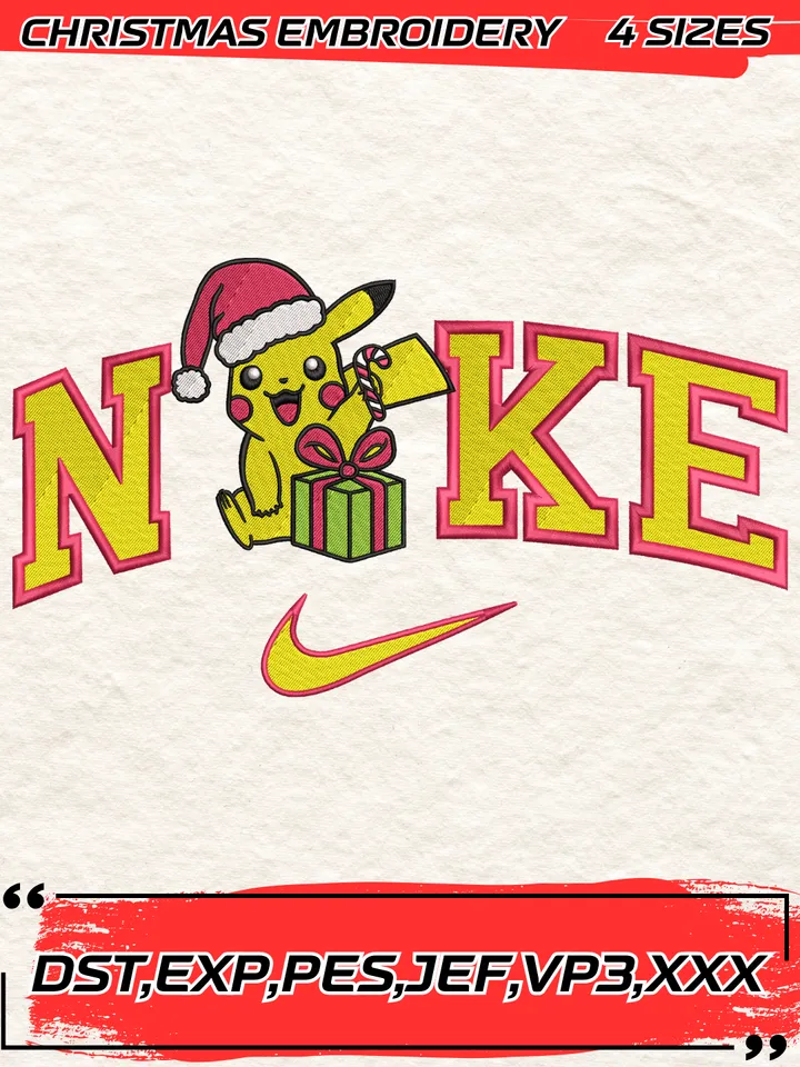 Swoosh Pikachu Santa Hat Christmas Embroidery Design,Christmas Embroidery Design,4 Sizes,Digital Download