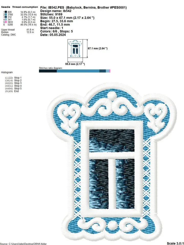 Machine embroidery design for art therapy: Brooch "Antique Window"