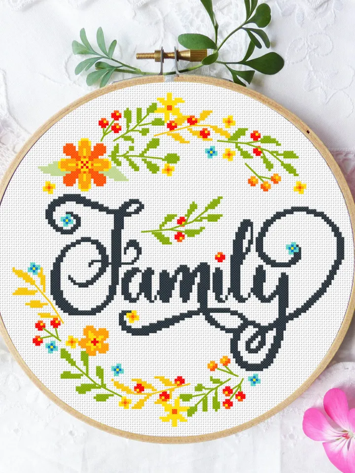 Family sign cross stitch pattern download PDF Framed quote cross stitch chart, Flower wreath cross stitch, Family wall decor #Q19