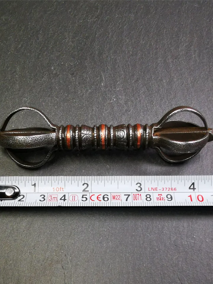 Gandhanra Vintage Five-pronged Vajra Dorje,Tibetan Tantric Buddhism (Vajrayana) Ritual,Altar Tool,Made of Cold Iron,Inlaid Copper