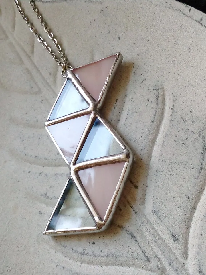 Glass geometric pendant, Origami pink necklace, triangular necklace, stained glass cute necklace, transparent pendant