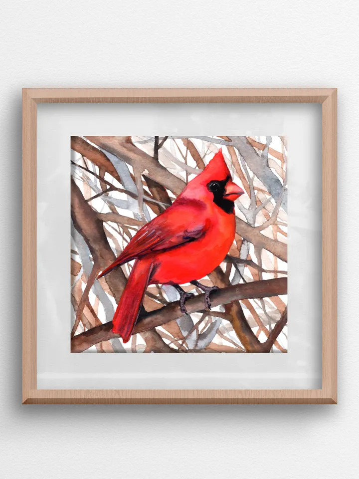 Red cardinal original watercolor, birds painting, handmade wall decor, 5.7x5.7 in art for bird lovers by Anne Gorywine