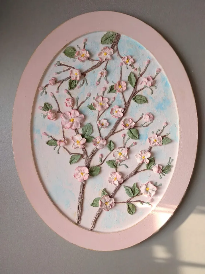 Mother's Day gift Oval painting with cherry blossoms in pink frame Sakura painting Floral painting