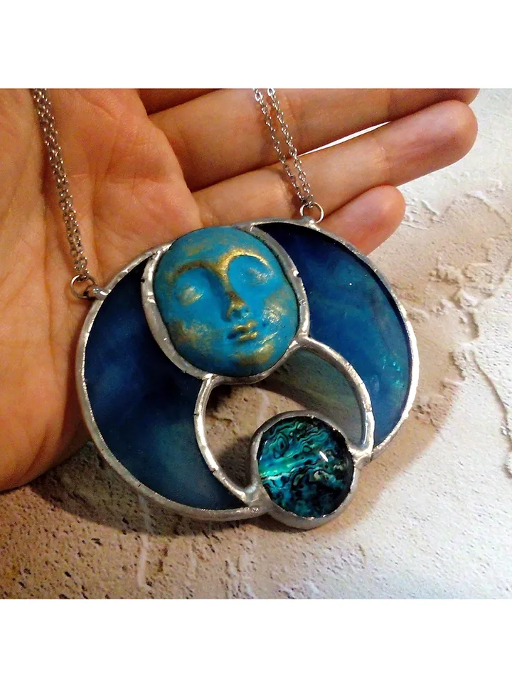 Stained glass blue moon, Moon Goddess, Moon phase necklace, Stainglass crescent, Full moon pendant, Moon face necklace