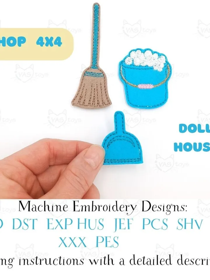 Dollhouse Cleaning Set ITH Embroidery Design, Miniature Felt Broom Dustpan Bucket Pattern 4x4 Hoop, Pretend Play Toy File