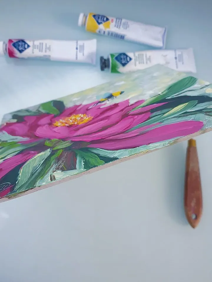 Bee Painting Floral Original Art Tropical Wall Art Flower Small Oil Painting