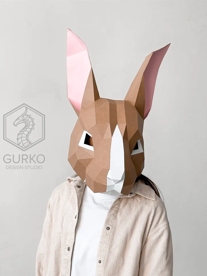 Rabbit Mask Papercraft, Hare, Digital Template, PDF Download, Gurko, 3D Low Poly Animal Mask, DIY Origami, Pepakura, Paper Mask, DIY Costume
