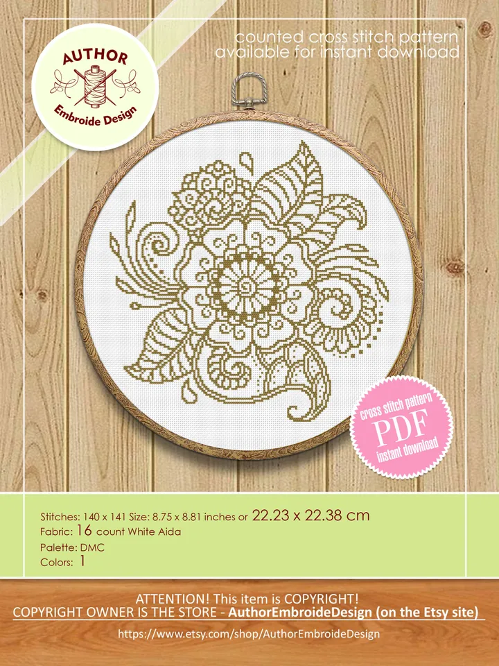 Flower mandala cross stitch pattern download PDF, Monochrome embroidery beginner, Mandala digital PDF, Floral ornament cross stitch #M186