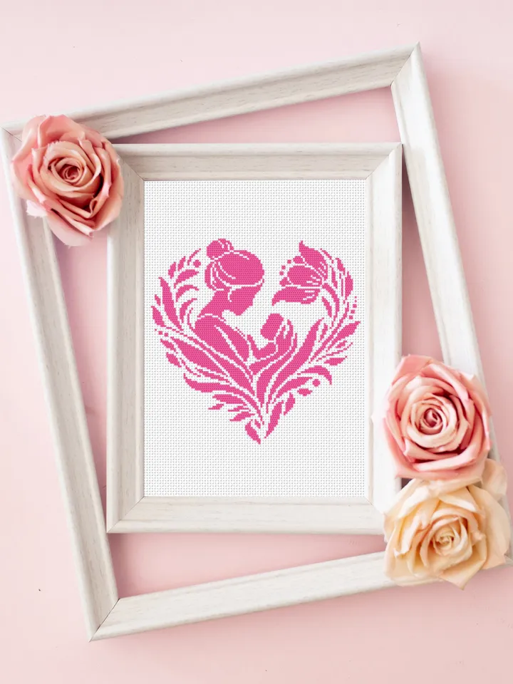 Mother baby silhouette cross stitch pattern PDF download Floral heart cross stitch chart, Heart mandala mother and child, Newborn gift #O12