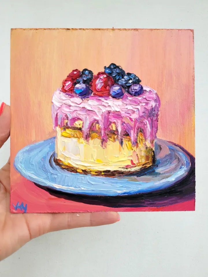 Cake Painting Food Original Art Impasto Artwork 6x6 Kitchen Wall Art Bakery Art Dessert Painting Fruit Wall Art Funky Painting by ArtFromVictoria