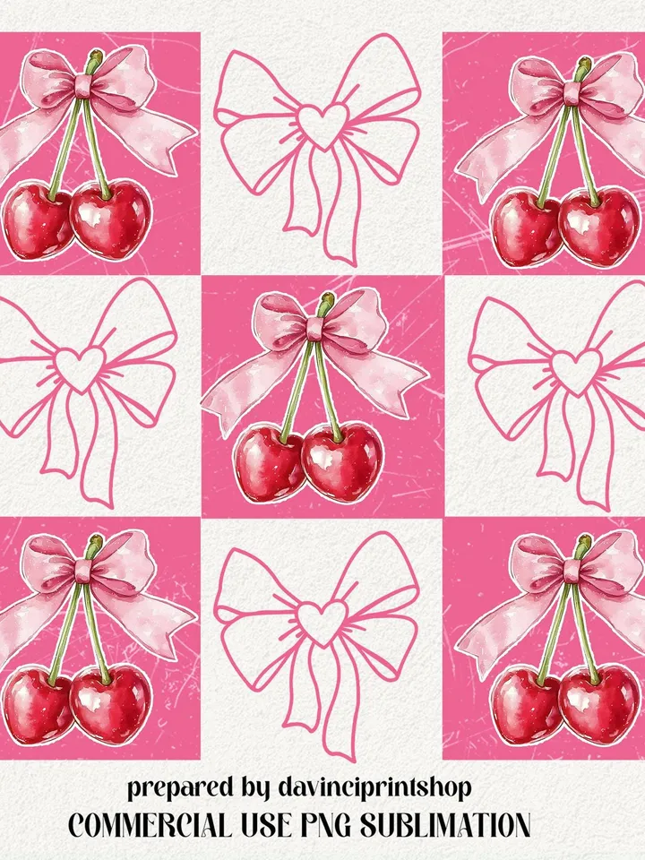 Checkered Cherry coquette png, Cherry Png, Trendy Valentines png, Pink Bow png, pink valentine coquette png, valentine png, retro valentine