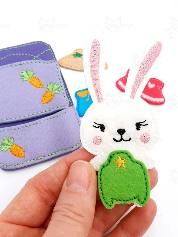 Bunny Dress Up Doll & Bed Pocket ITH Embroidery Design Set, Felt Paper Doll Clothes Pattern, Quiet Book Toy 4x4 Hoop