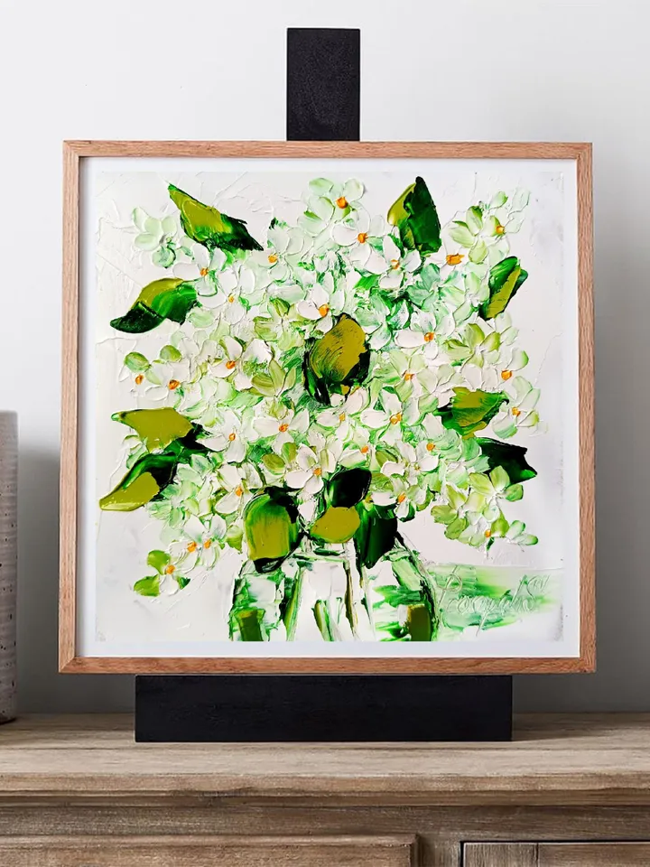 Lime Cream Painting Lilac Original Art Flower Floral Painting Monochrome Art Impasto Oil Painting Lilac Small Wall Art by ArtProkopaloSv