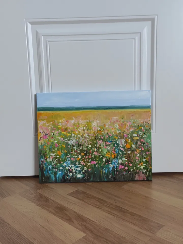 Oil painting abstract landscape with wildflowers.