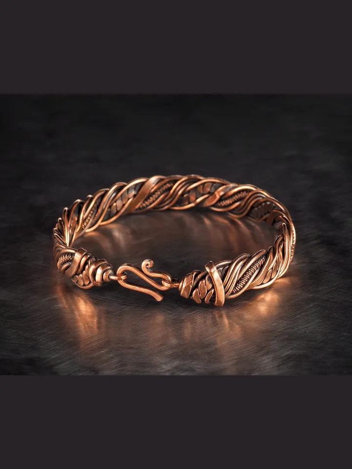 Wire wrapped bracelet, Unique 7th 22nd Anniversary gift idea, Art Nouveau antique style, One of kind braided statement bangle, Handmade oxidized pure copper jewelry, Pain relief, EMF protection