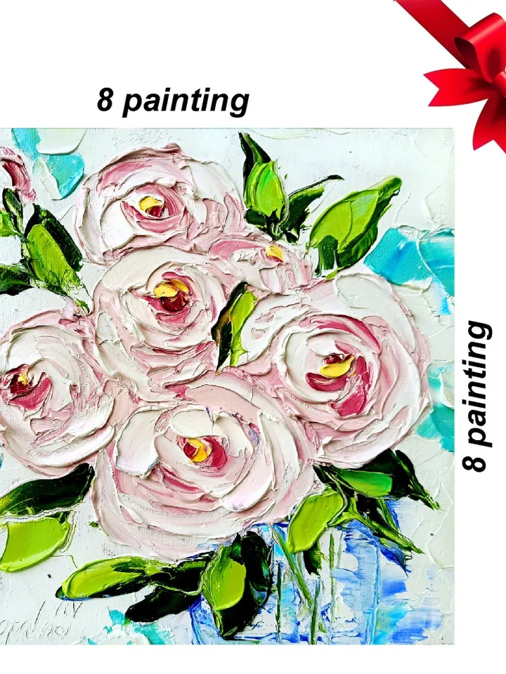 Peony Painting Original 8x8 Oil Impasto Boho Flower Miniature Floral Painting Abstract Floral Boho Shabby Chic Art Office Cottage Wall Art