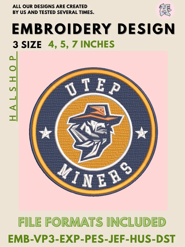 UTEP Miners NCAA Mascot Logo Embroidery Design – College Team Pattern, Machine Embroidery Files, 3 Sizes Digital Instant Download