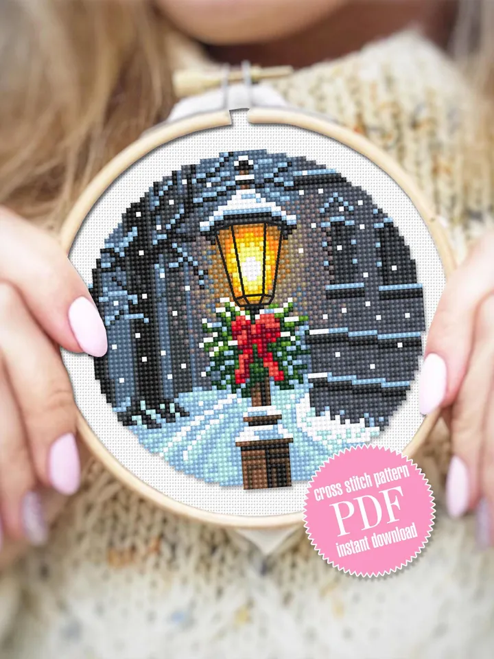 Christmas lamp post cross stitch pattern PDF download Winter landscape cross stitch chart, Christmas pattern digital PDF, Snow pattern #N176