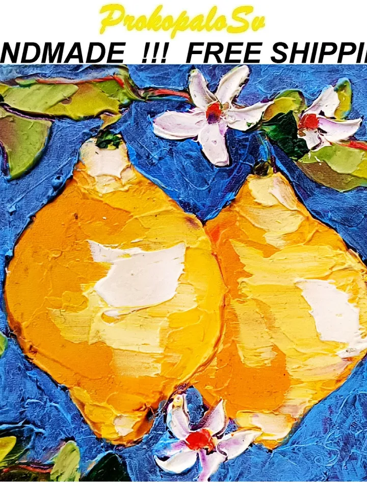 Lemon Painting Fruit Original Art Impasto Oil Painting Italy Fruit Small Artwork 4 by 4 Handmade Gift by Art ProkopaloSv
