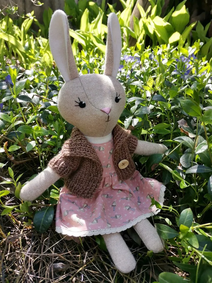 Beige bunny girl, handmade stuffed doll, fabric plush rabbit toy, wool animal doll