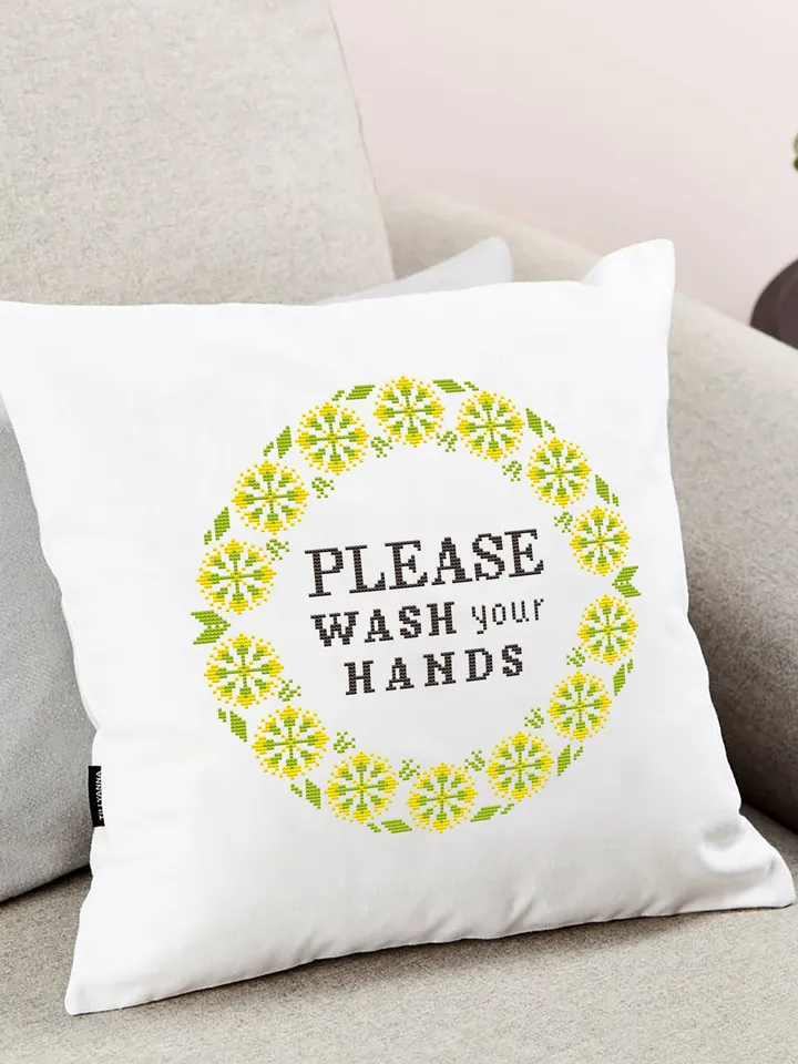 Quote cross stitch flowers Please wash your hands PDF pattern Modern, medical quote round frame, Coronaviridae pandemic Modern needlepoint
