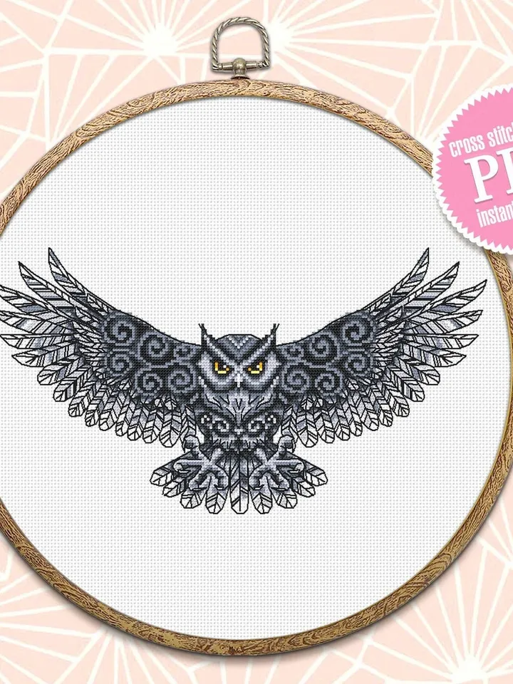Owl cross stitch pattern download PDF Fantasy bird cross stitch chart, Owl embroidery PDF, Blackwork patterns, Gothic home decor #D9