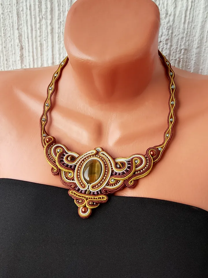 Tiger's eye necklace, Gold and brown statement necklace, Soutache necklace