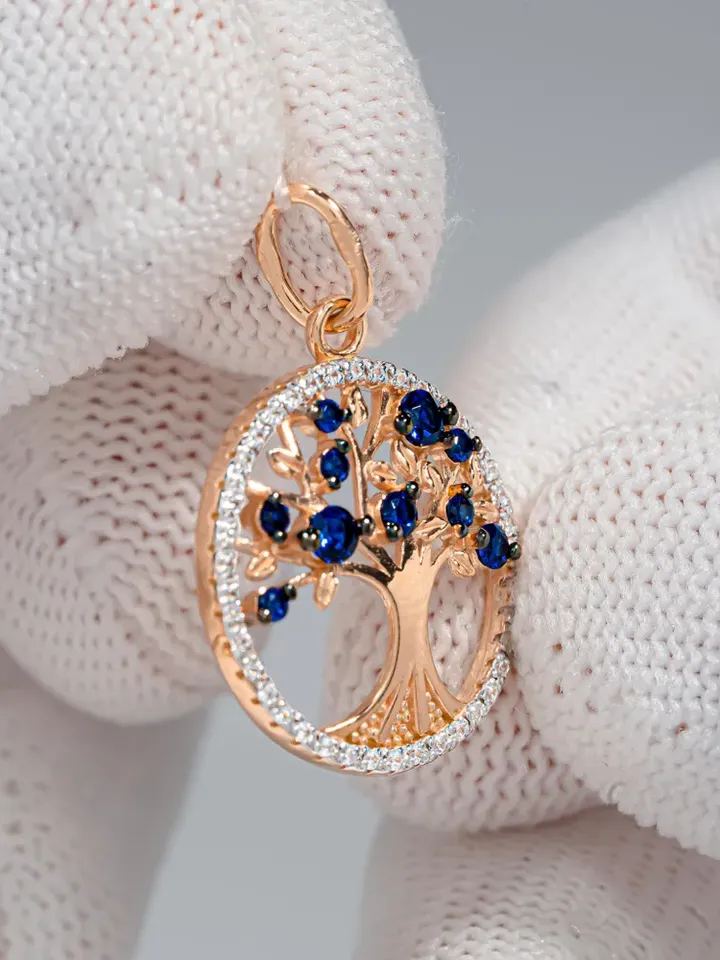 Pendant silver 925 on the neck, gold 585 coating, tree of life, with nano sapphire
