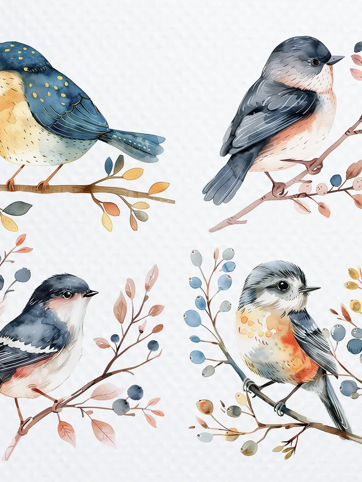 24 Scandinavian Birds PNG Bundle, Watercolor Floral Birds for sublimation, Printable vintage birds clipart, Paper craft, junk journals