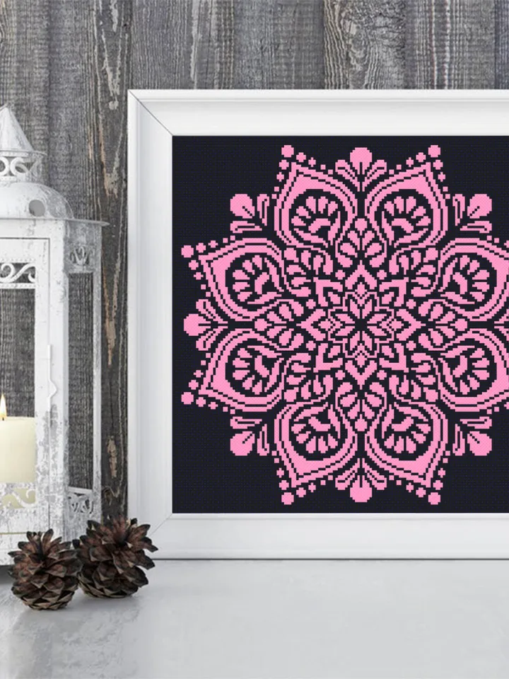 Easy mandala cross stitch pattern download PDF, Floral ornament cross stitch, Monochrome cross stitch chart, Mandala hand embroidery #M113
