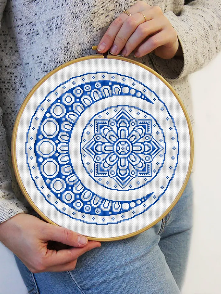 Mandala set cross stitch pattern download PDF Crescent moon cross stitch chart, Mandala pattern digital PDF, Easy monochrome embroidery #S32