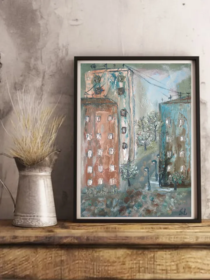 Oil Painting City Streets at Dawn, Empty Streets, Original Art, Handmade, Paper 12x8 inches