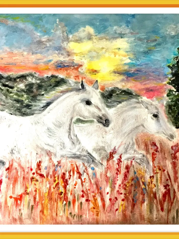 Horses painting,White Horses running in the field on sunset,original oil painting on stretched canvas.