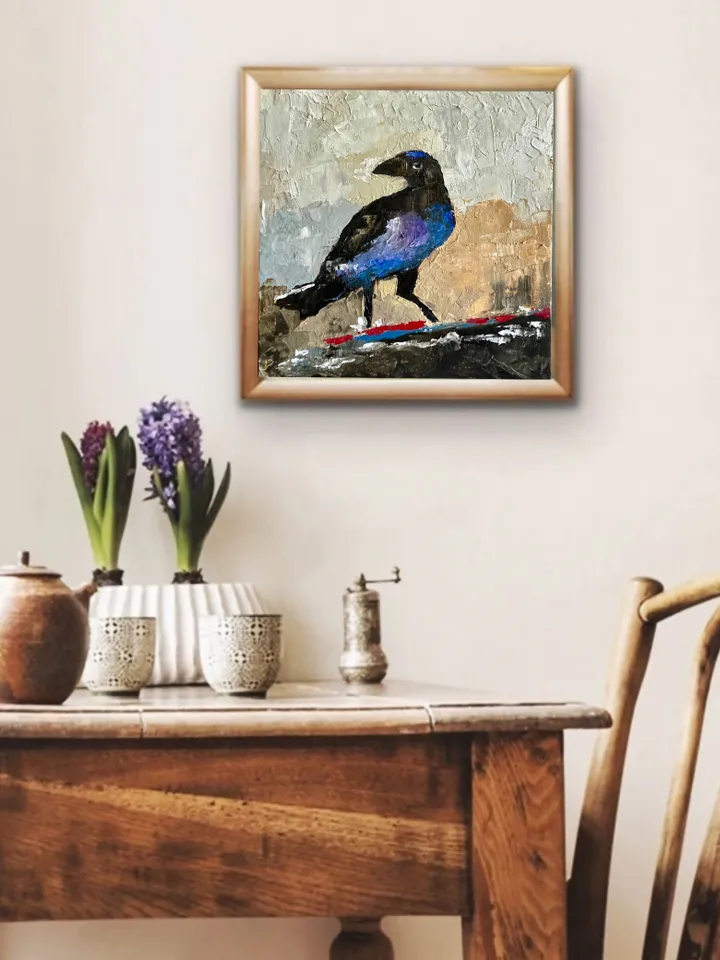 Crow painting, Original bird oil painting on canvas,  Raven wall art, Gothic home decor